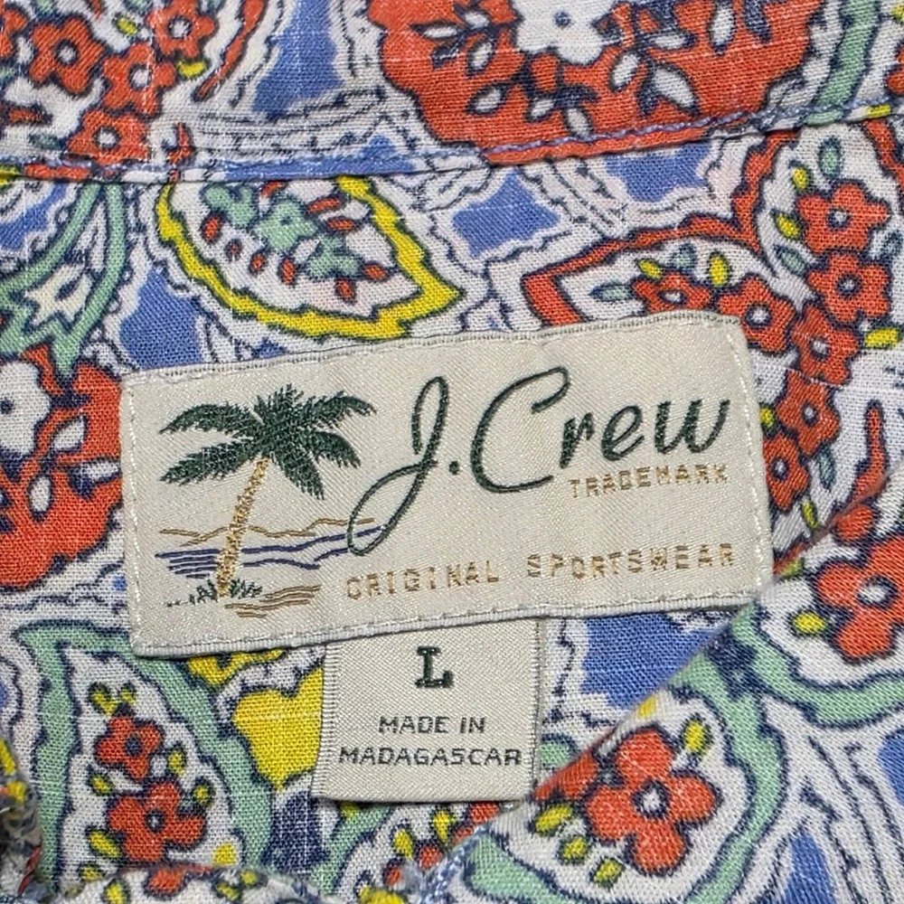 J. Crew Mens Large Short Sleeve Cotton Paisley‎ Floral Button Down Shirt Blue